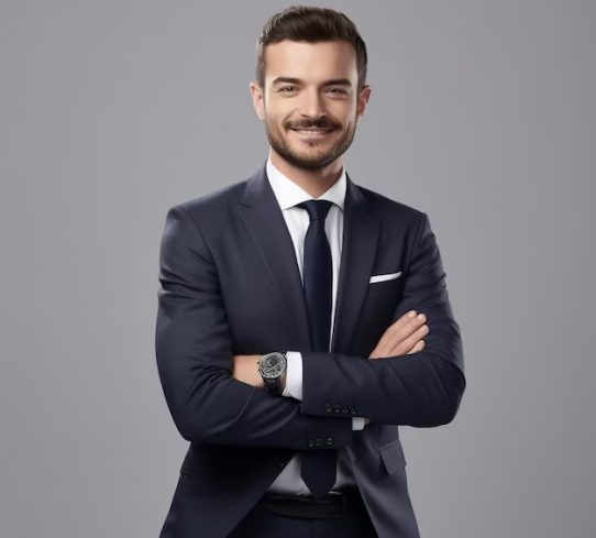happy-handsome-businessman-against-minimalist-backdrop-with-crossed-arms-generative-ai_830962-3135